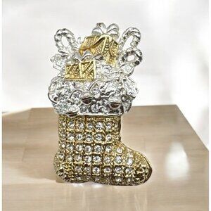 Gold Tone Christmas Stocking Brooch Rhinestone Pin ROMAN Festive Holiday